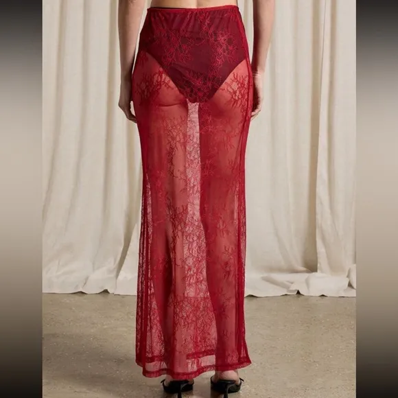 Red lace midi/ maxi mesh sheer lace over skirt for layering