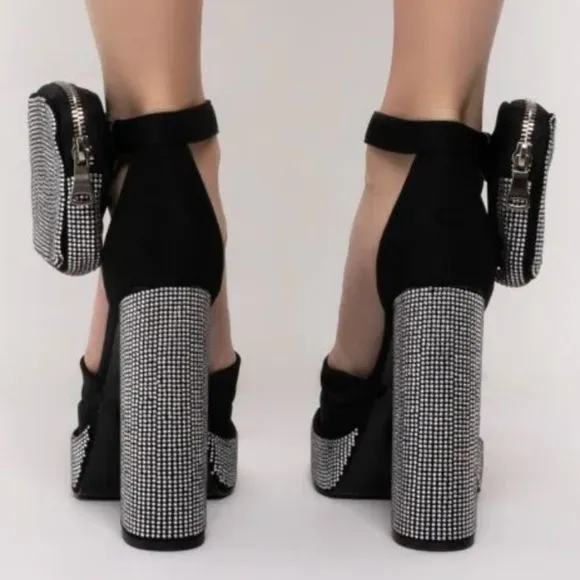 Rhinestone sandal pump chunky sandals woven upper