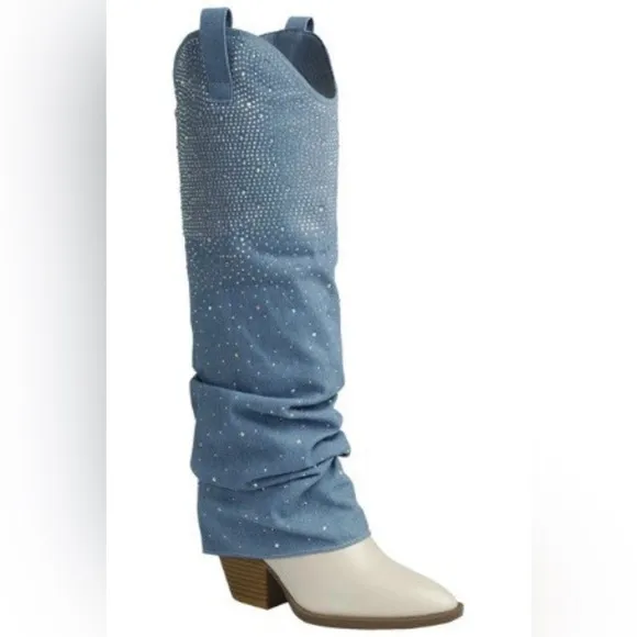 Rhinestone Slouchy Denim Two-Tone Fold Over Boots - Forever