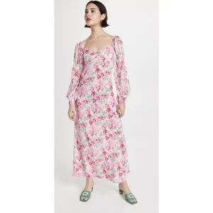 Rixo Gio Pink Daisy Trail Silk Midi Dress‎ Size 12