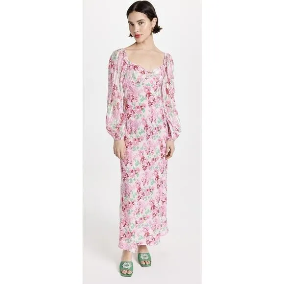 Rixo Gio Pink Daisy Trail Silk Midi Dress‎ Size 12