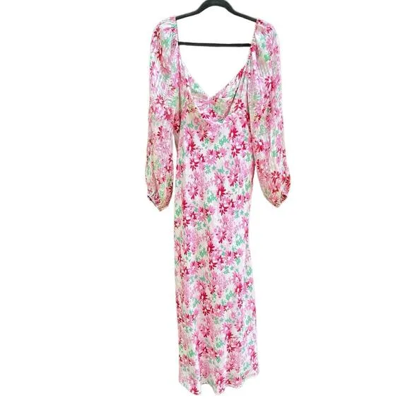 Rixo Gio Pink Daisy Trail Silk Midi Dress‎ Size 12