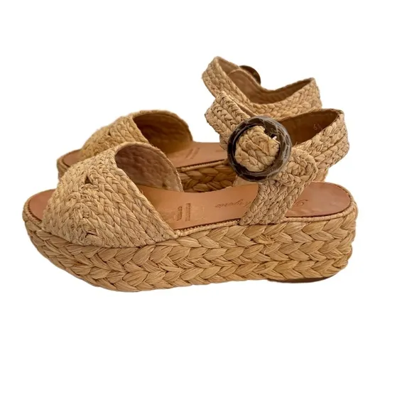 Robert Clergerie Wedge Sandals Natural Braided Woven Raffia Buckle Strap 6 1/2
