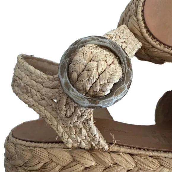 Robert Clergerie Wedge Sandals Natural Braided Woven Raffia Buckle Strap 6 1/2