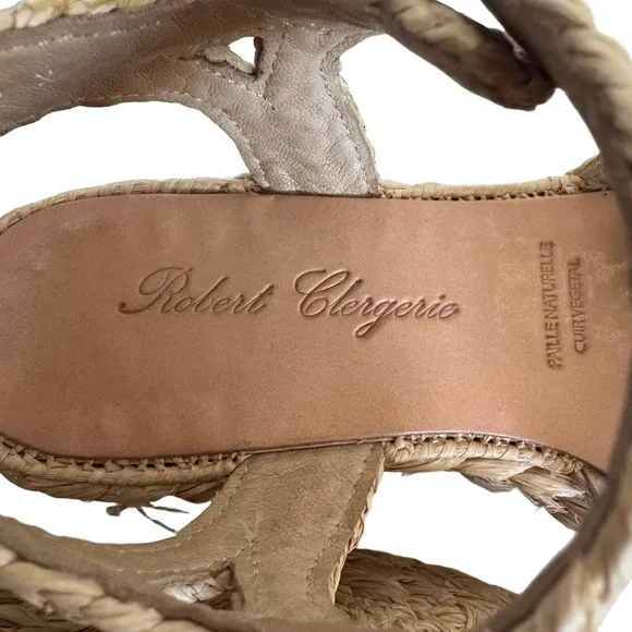 Robert Clergerie Wedge Sandals Natural Braided Woven Raffia Buckle Strap 6 1/2