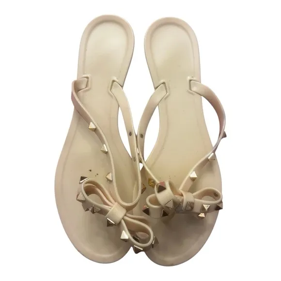 Rock Studded Bow Sandals Nude PVC thong flip flops 42 US 9 narrow