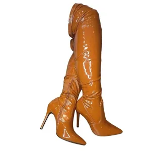☆Rouge Cognac Chestnut Gloss Knee High Point Toe Heeled Boots☆