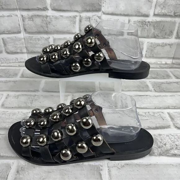 Sacha Iconic Women’s Size 40 - 9.5 US Black Leather Caged Studded Slide Sandals