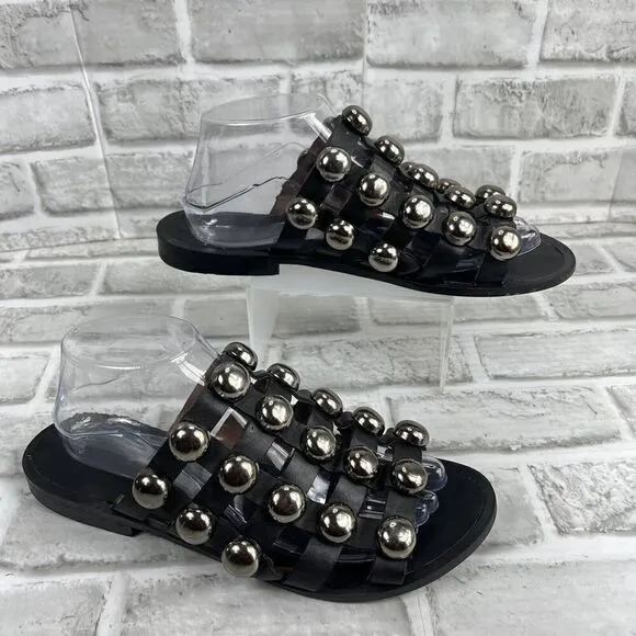 Sacha Iconic Women’s Size 40 - 9.5 US Black Leather Caged Studded Slide Sandals