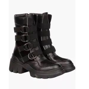 Saint G Combat Biker Low Heel Boots 9 M Black Leather Chunky Lug Sole Platform