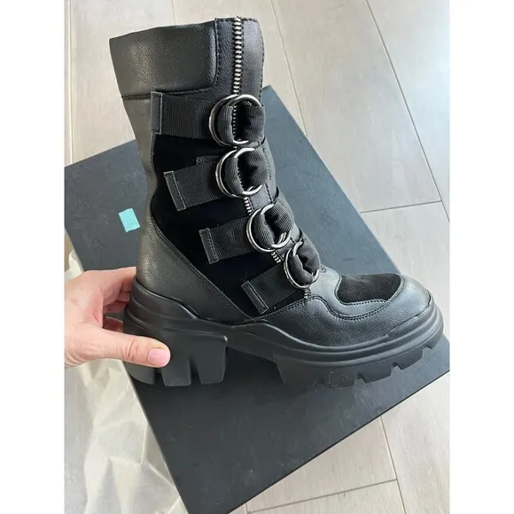 Saint G Combat Biker Low Heel Boots 9 M Black Leather Chunky Lug Sole Platform