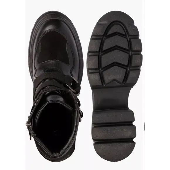 Saint G Combat Biker Low Heel Boots 9 M Black Leather Chunky Lug Sole Platform