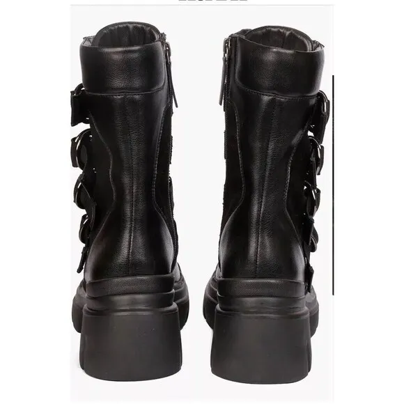Saint G Combat Biker Low Heel Boots 9 M Black Leather Chunky Lug Sole Platform