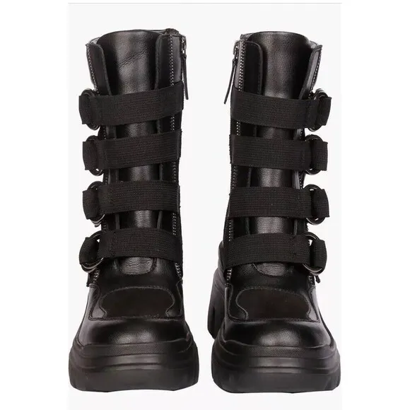 Saint G Combat Biker Low Heel Boots 9 M Black Leather Chunky Lug Sole Platform