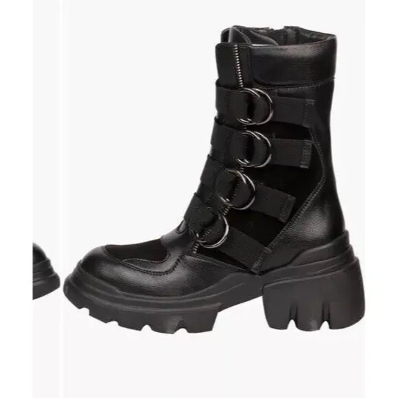 Saint G Combat Biker Low Heel Boots 9 M Black Leather Chunky Lug Sole Platform