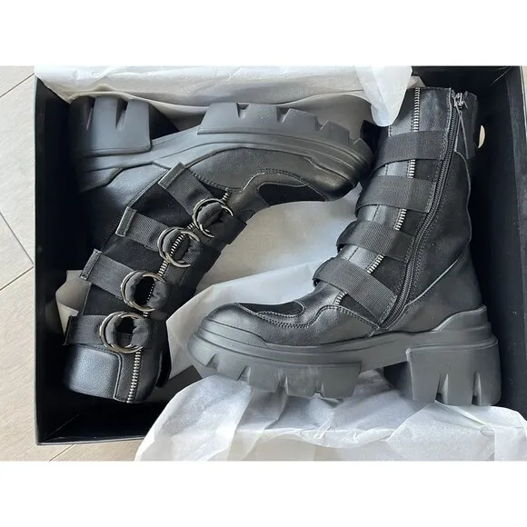 Saint G Combat Biker Low Heel Boots 9 M Black Leather Chunky Lug Sole Platform