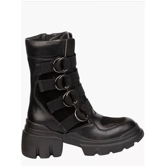Saint G Combat Biker Low Heel Boots 9 M Black Leather Chunky Lug Sole Platform