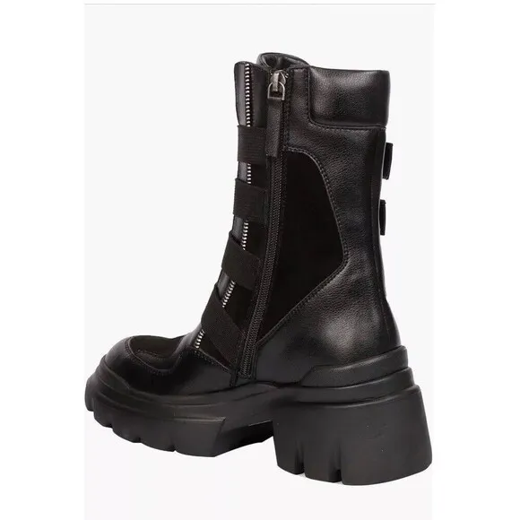 Saint G Combat Biker Low Heel Boots 9 M Black Leather Chunky Lug Sole Platform