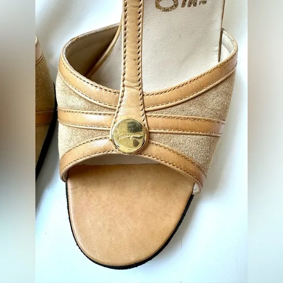 Salvatore Ferragamo Beige Suede &amp; Leather Sandals, Heels, size 7 N