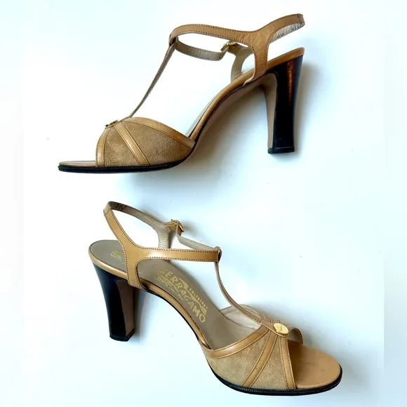 Salvatore Ferragamo Beige Suede &amp; Leather Sandals, Heels, size 7 N