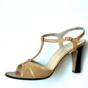 Salvatore Ferragamo Beige Suede &amp; Leather Sandals, Heels, size 7 N