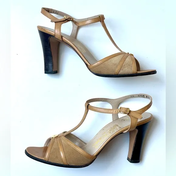 Salvatore Ferragamo Beige Suede &amp; Leather Sandals, Heels, size 7 N