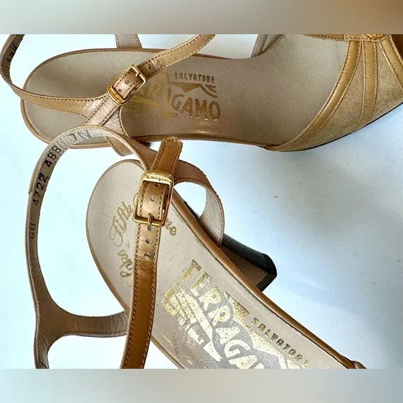 Salvatore Ferragamo Beige Suede &amp; Leather Sandals, Heels, size 7 N