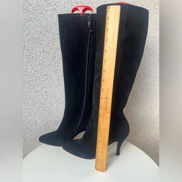 Salvatore Ferragamo high heel boots black suede leather pointed toe 7.5 B #22363