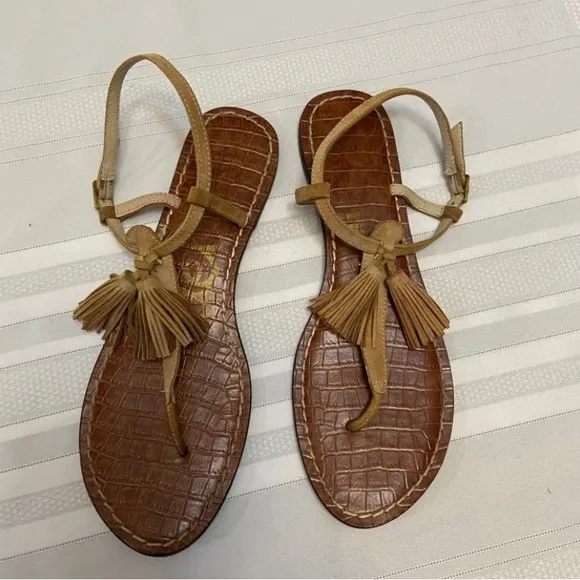 Sam Edelman &quot;Leila&quot; Tassel EmbellishedWomens Leather Thong Sandals Size 10