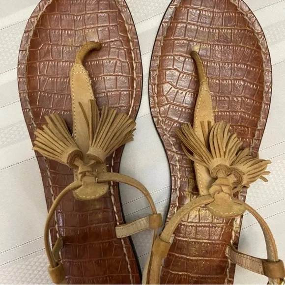 Sam Edelman &quot;Leila&quot; Tassel EmbellishedWomens Leather Thong Sandals Size 10