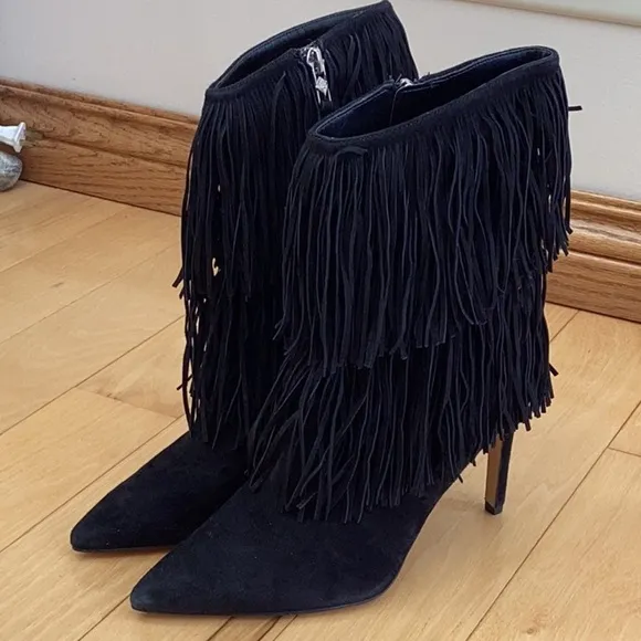 Sam Edelman Belinda black suede fringe pointed toe stiletto boots, women’s 6.5