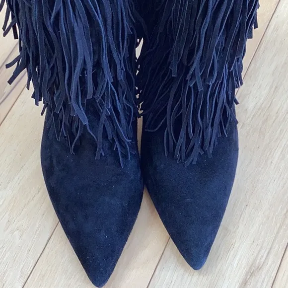 Sam Edelman Belinda black suede fringe pointed toe stiletto boots, women’s 6.5