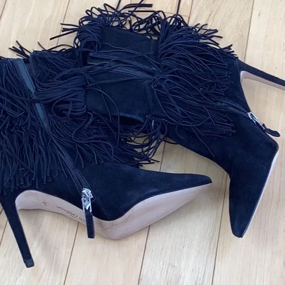Sam Edelman Belinda black suede fringe pointed toe stiletto boots, women’s 6.5