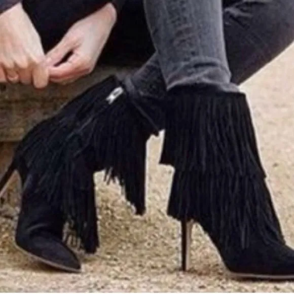 Sam Edelman Belinda black suede fringe pointed toe stiletto boots, women’s 6.5