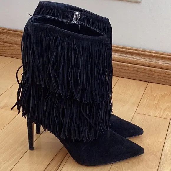 Sam Edelman Belinda black suede fringe pointed toe stiletto boots, women’s 6.5