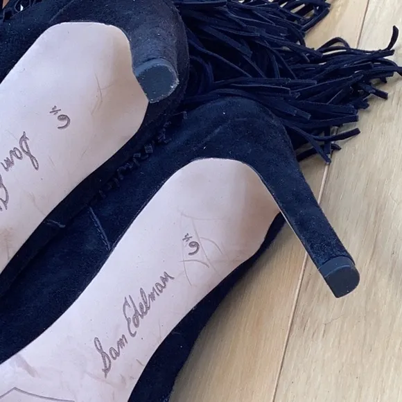 Sam Edelman Belinda black suede fringe pointed toe stiletto boots, women’s 6.5