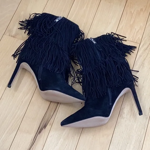 Sam Edelman Belinda black suede fringe pointed toe stiletto boots, women’s 6.5