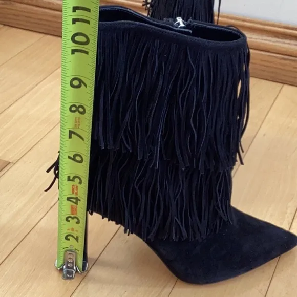 Sam Edelman Belinda black suede fringe pointed toe stiletto boots, women’s 6.5