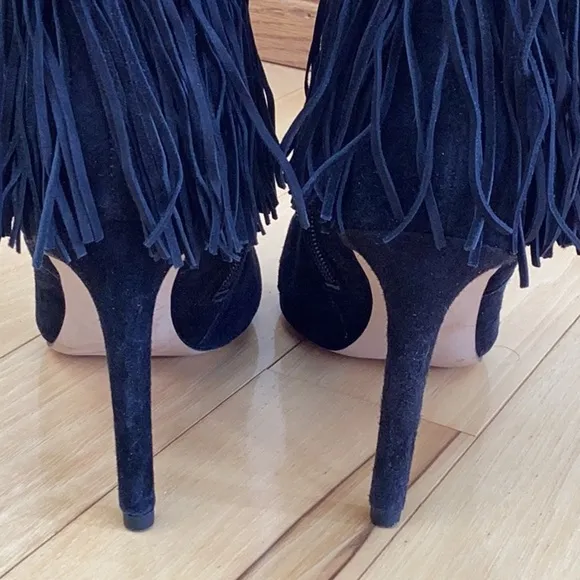 Sam Edelman Belinda black suede fringe pointed toe stiletto boots, women’s 6.5