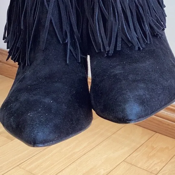 Sam Edelman Belinda black suede fringe pointed toe stiletto boots, women’s 6.5