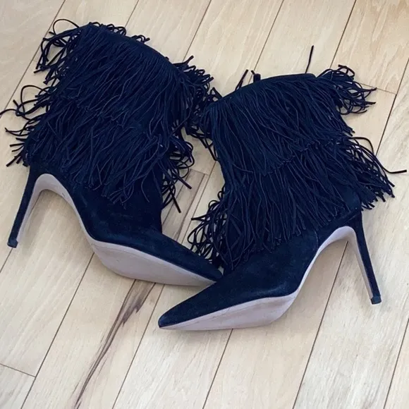 Sam Edelman Belinda black suede fringe pointed toe stiletto boots, women’s 6.5