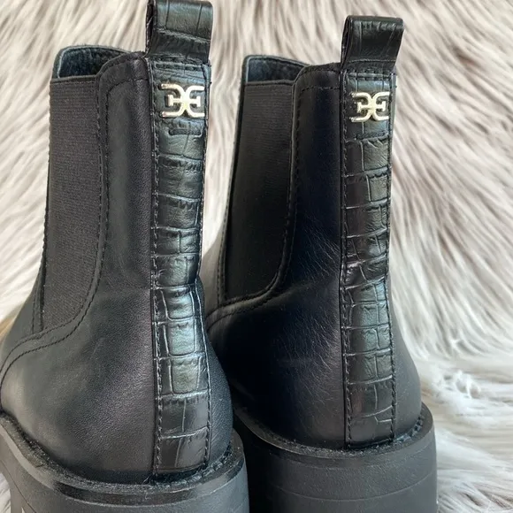 Sam Edelman Justina Boot Crocodile Detail Lug Sole Waterproof Black Womens 8.5