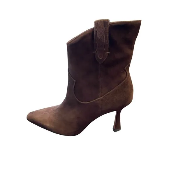 Sam Edelman Moe Boots Western Stiletto Heels Pointed Toe Chocolate Suede Sz 7.5M