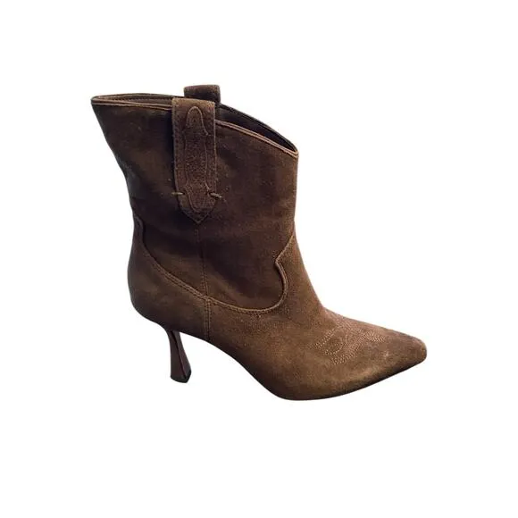 Sam Edelman Moe Boots Western Stiletto Heels Pointed Toe Chocolate Suede Sz 7.5M