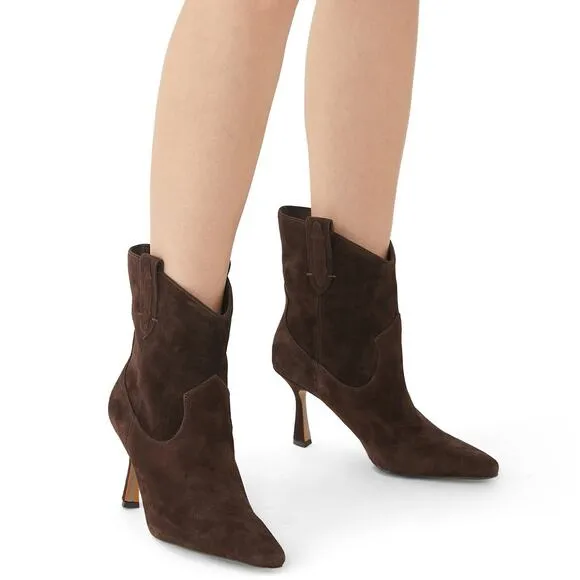 Sam Edelman Moe Boots Western Stiletto Heels Pointed Toe Chocolate Suede Sz 7.5M
