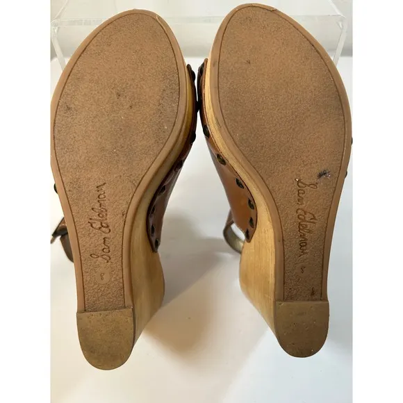 Sam Edelman Women’s Camilla Tan Wedge Leather Studded Slingback Sandals 8