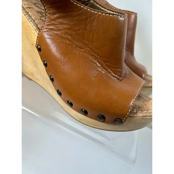 Sam Edelman Women’s Camilla Tan Wedge Leather Studded Slingback Sandals 8