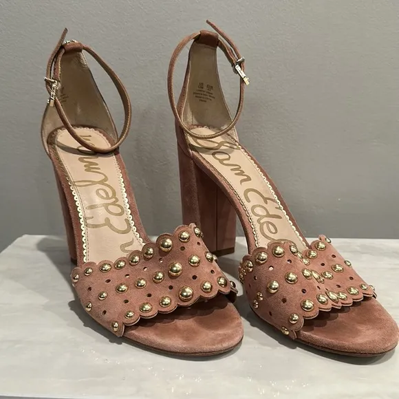 Sam Edelman Yaria Studded Leather Suede Block-Heel Nude Sandals Size 10