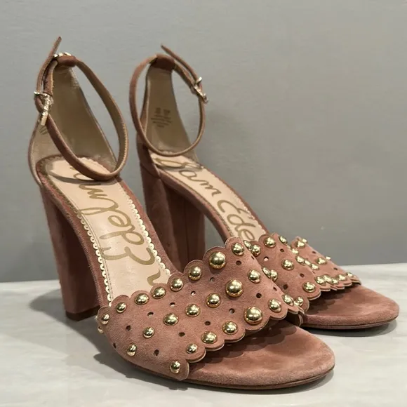 Sam Edelman Yaria Studded Leather Suede Block-Heel Nude Sandals Size 10