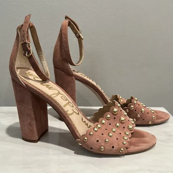 Sam Edelman Yaria Studded Leather Suede Block-Heel Nude Sandals Size 10